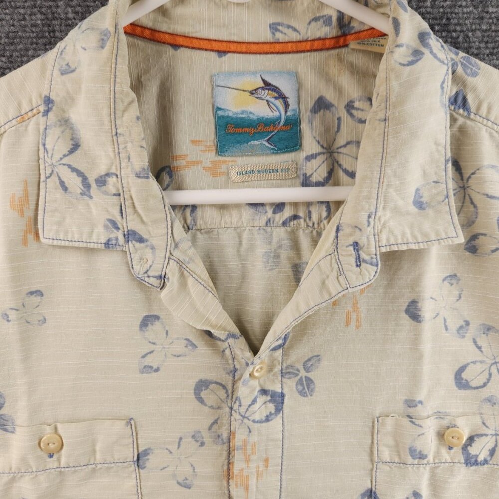 Tommy Bahama Beige Blue 2XL Silk Cotton Short Sleeve Floral Casual Button Up Men